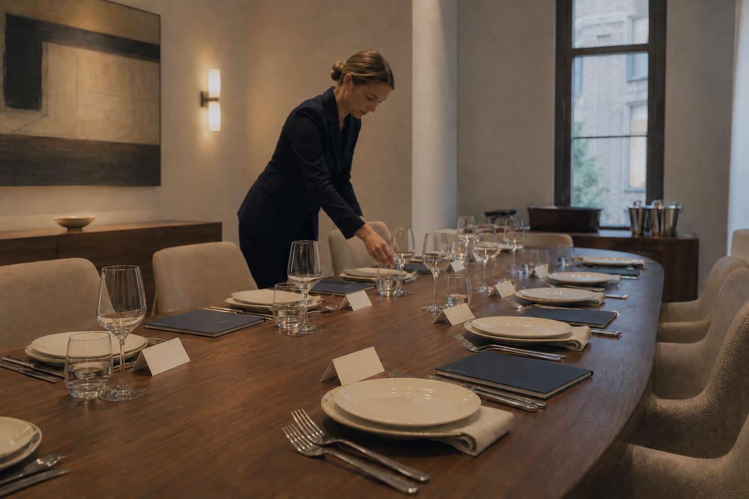 Private executive dinner venue prepared for invited senior guests