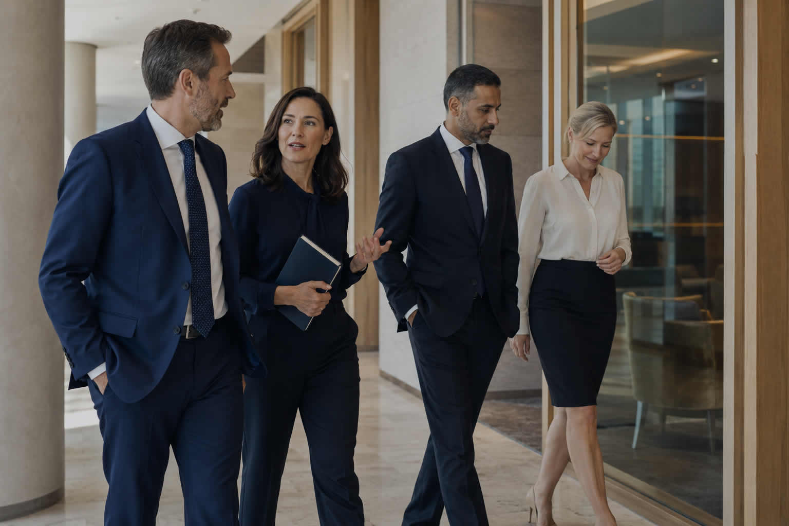 Senior European banking risk leaders walking together after a meeting