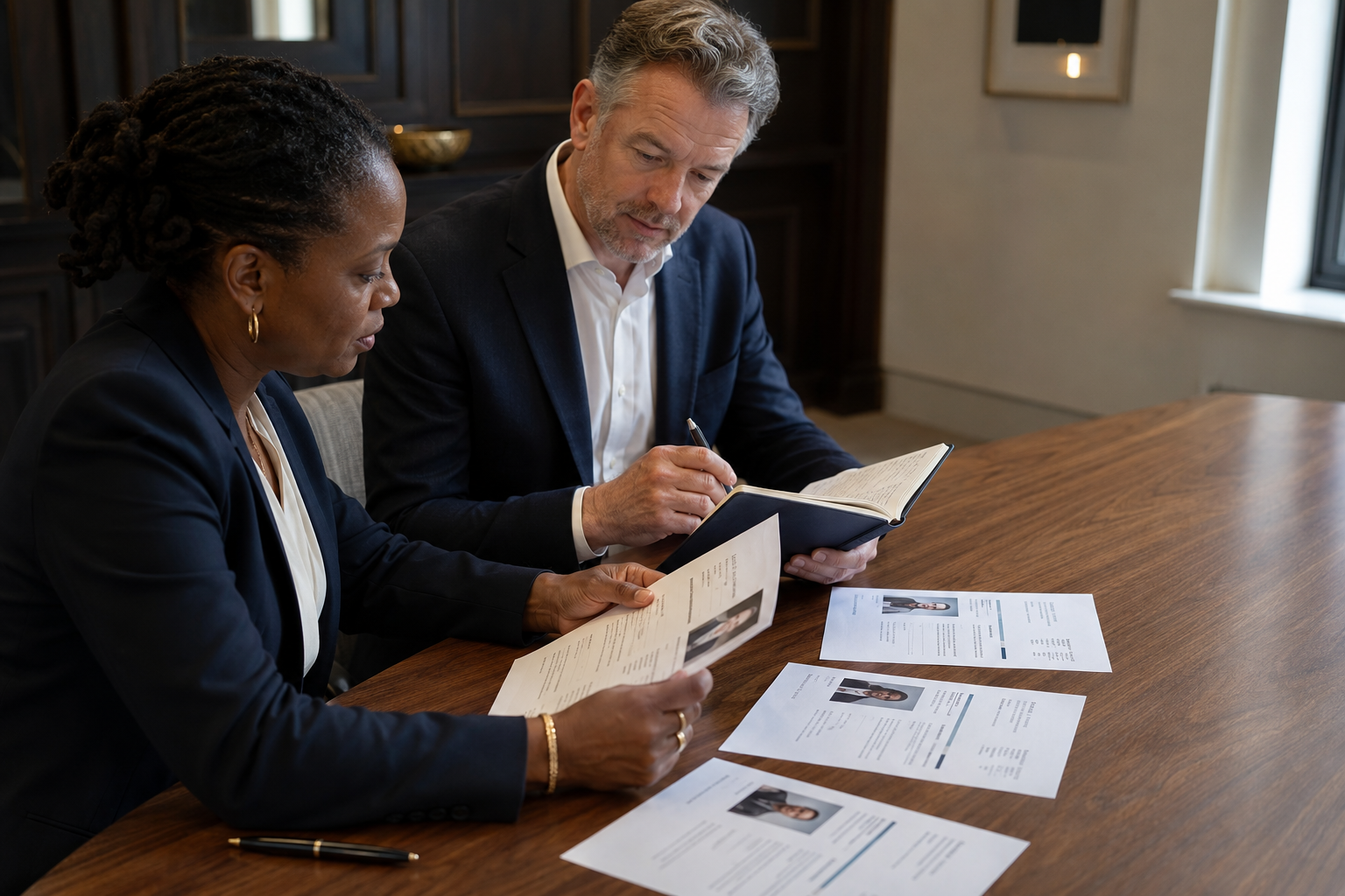 Executive search consultants reviewing anonymised specialist candidate profiles