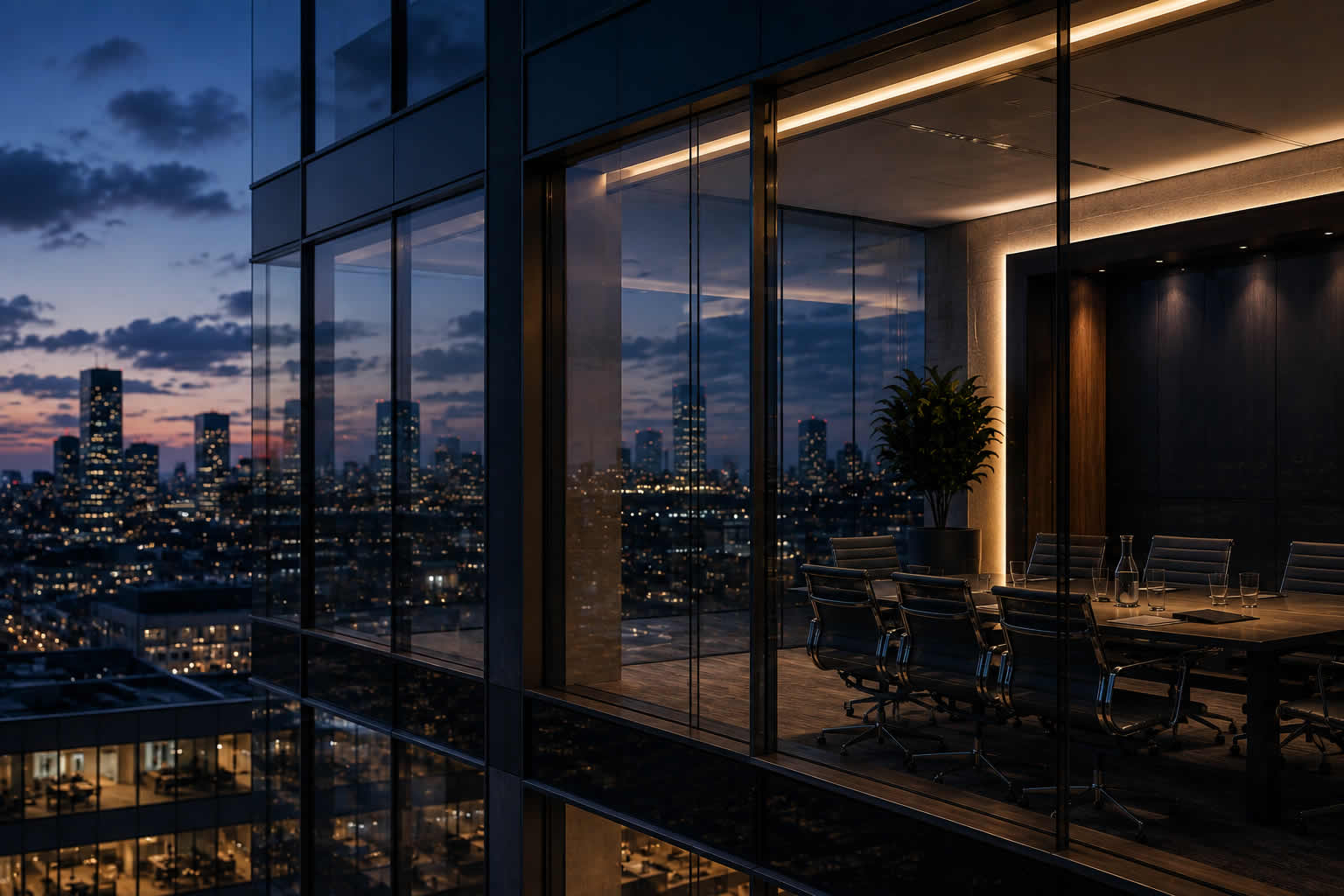 Modern glass office and meeting room illuminated at dusk
